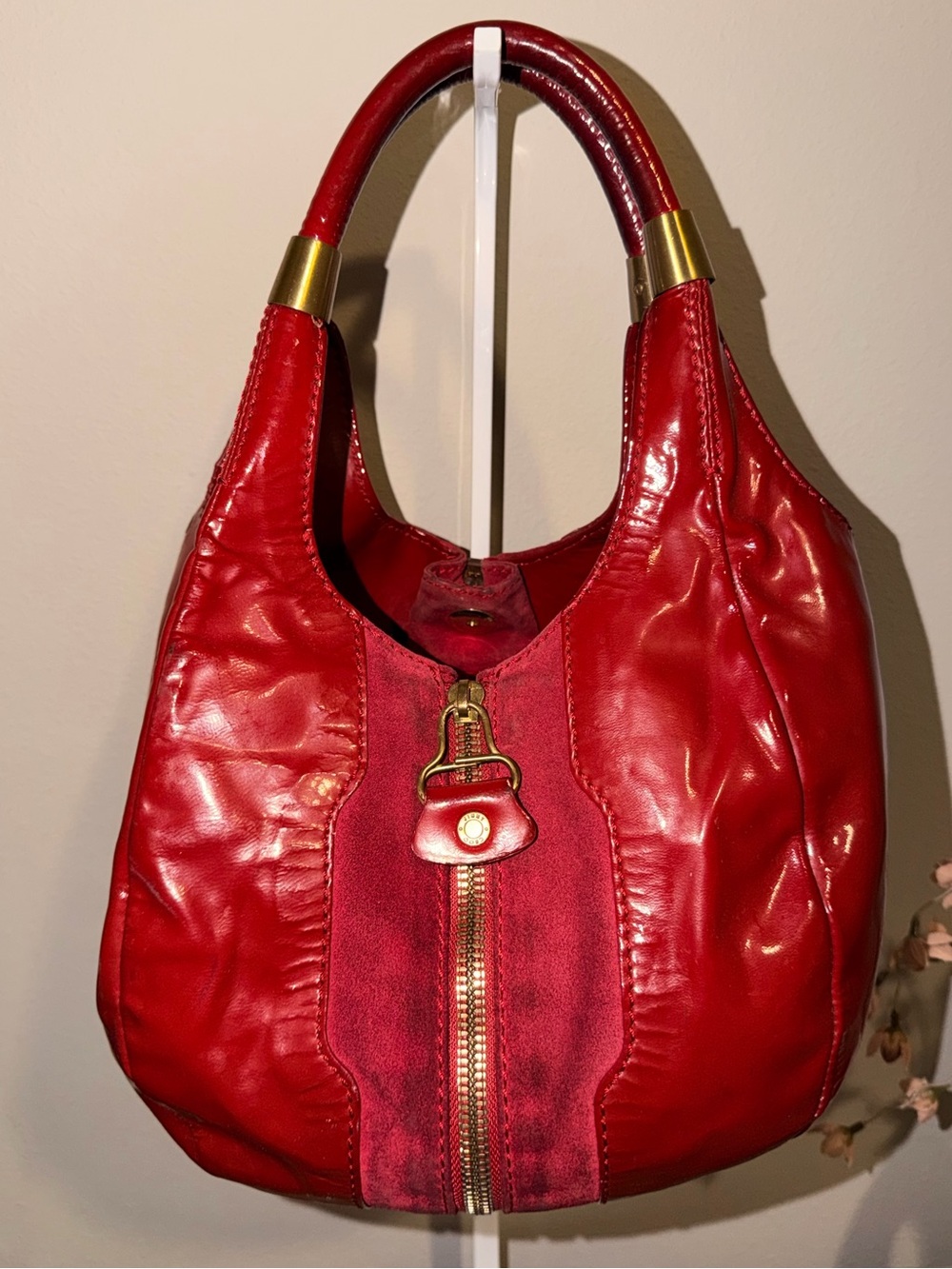 Jimmy Choo Red Patent Leather and Suede Shoulder Bag with Stunning Zipper Detail